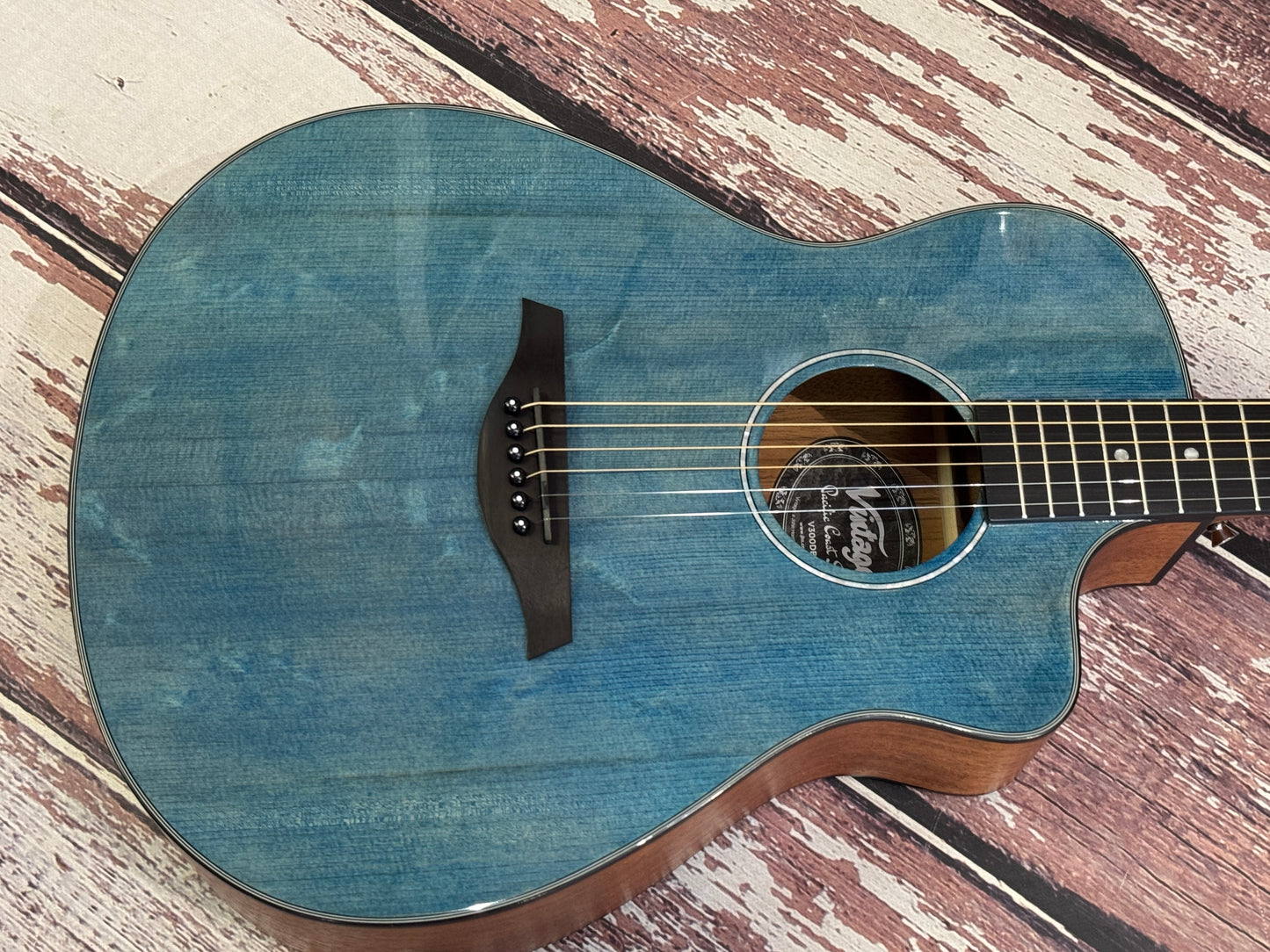 Vintage Pacific Coast V300DB Denim Blue Acoustic Guitar.