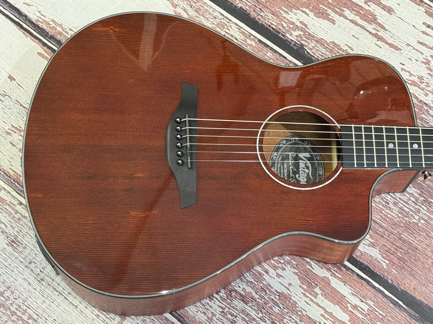 Vintage Pacific Coast Series Electro-Acoustic Guitar ~ Claret Red V300