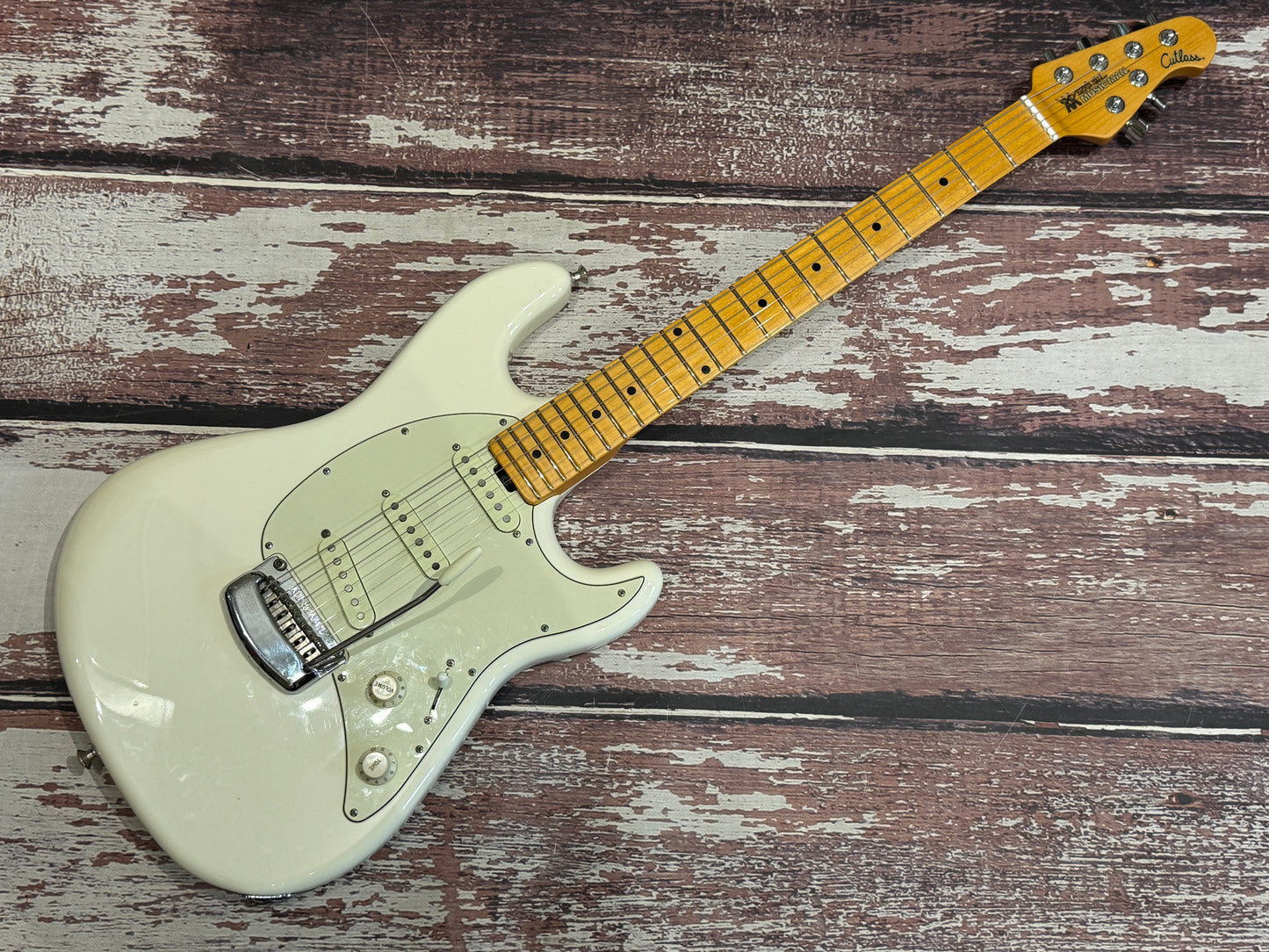 MusicMan Cutlass USA SSS Ivory White, cased.