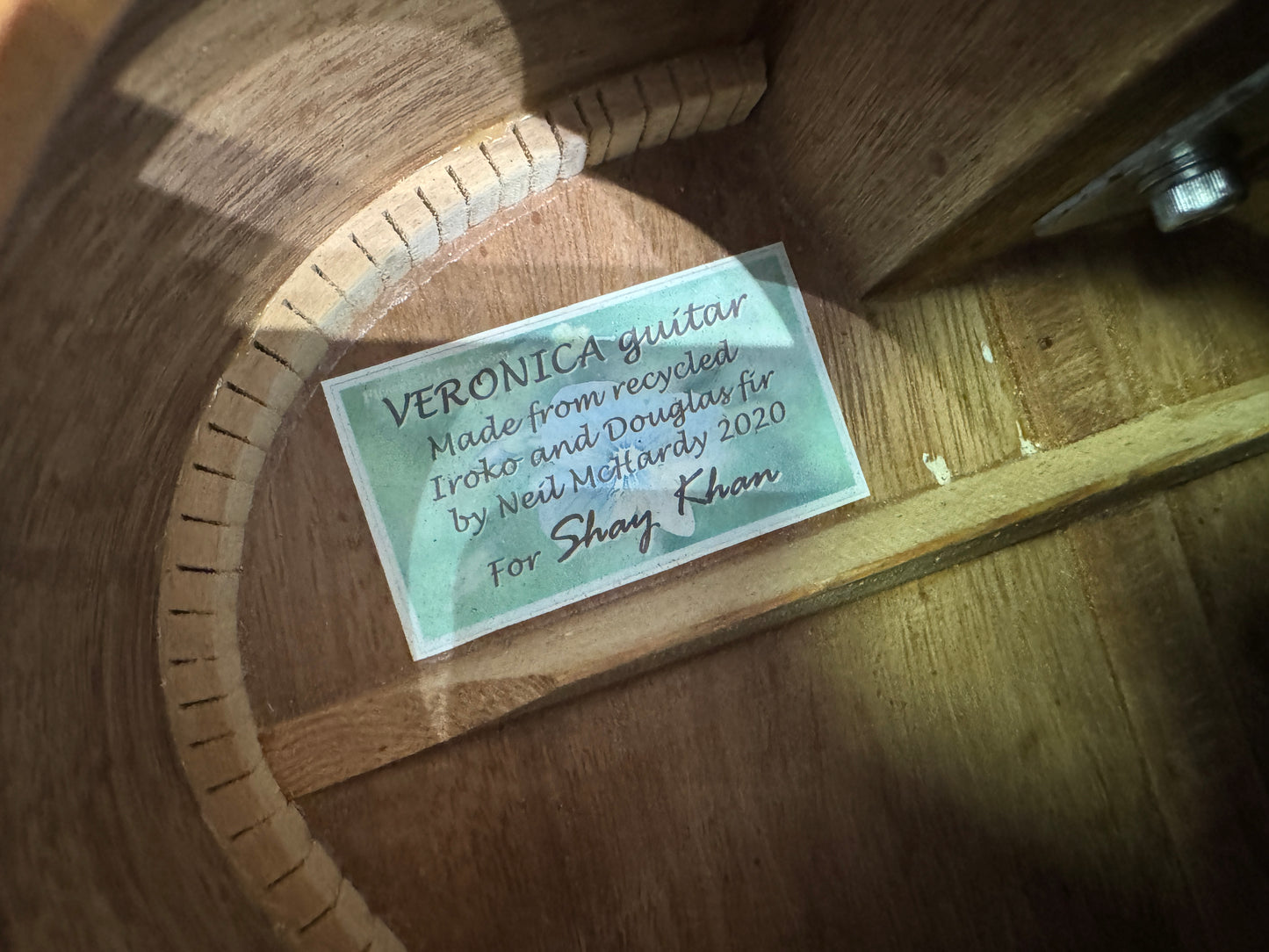 Neil McHardy Hand made "Veronica" Recycled woods Electro acoustic