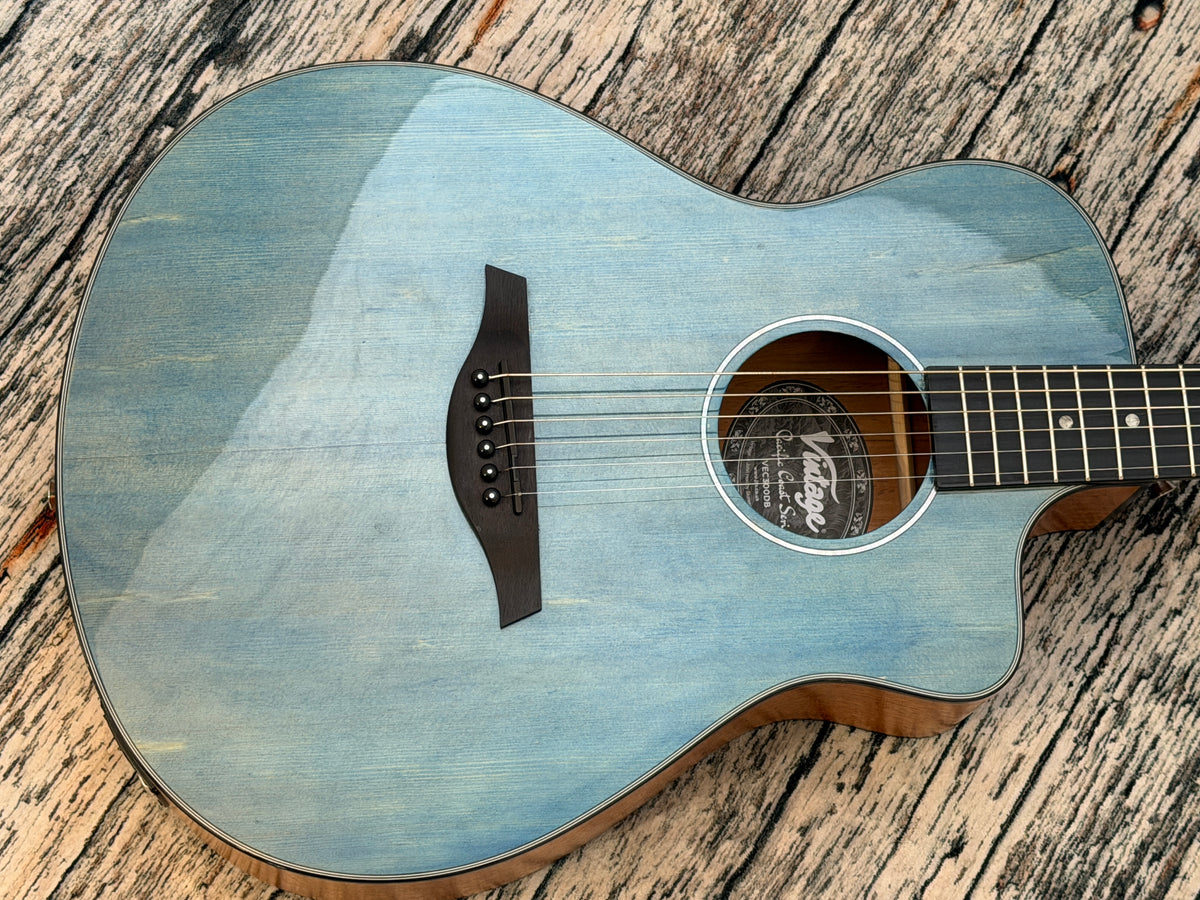 Vintage Pacific Coast V300DB Denim Blue Acoustic Guitar.