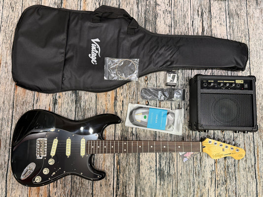 Vintage V60 Coaster S-Style electric guitar BLACK - STARTER PACK