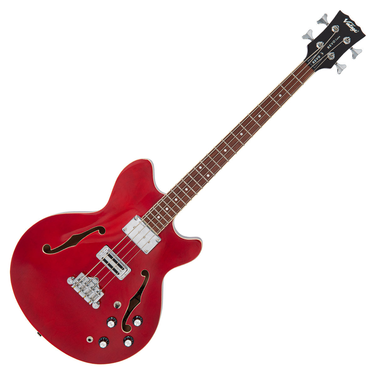 Vintage REVO Series 'Supreme' Semi Acoustic Bass ~ Cherry Red