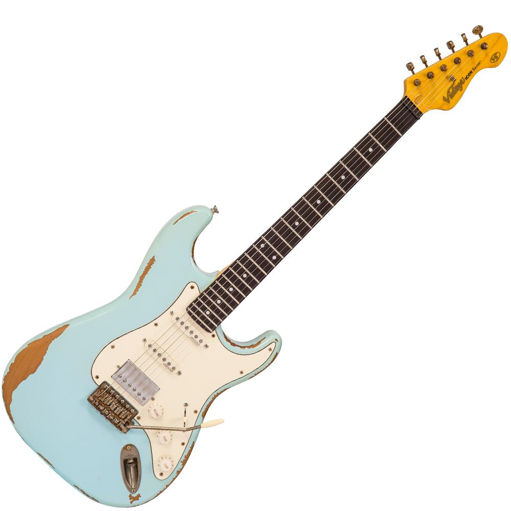 Vintage V6H ICON HSS Electric Guitar ~ Ultra-Gloss Distressed Laguna Blue